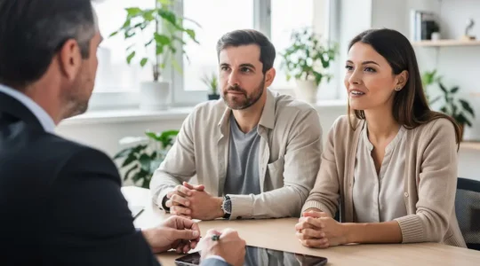Couple français discutant avec un conseiller en financement immobilier dans un espace moderne