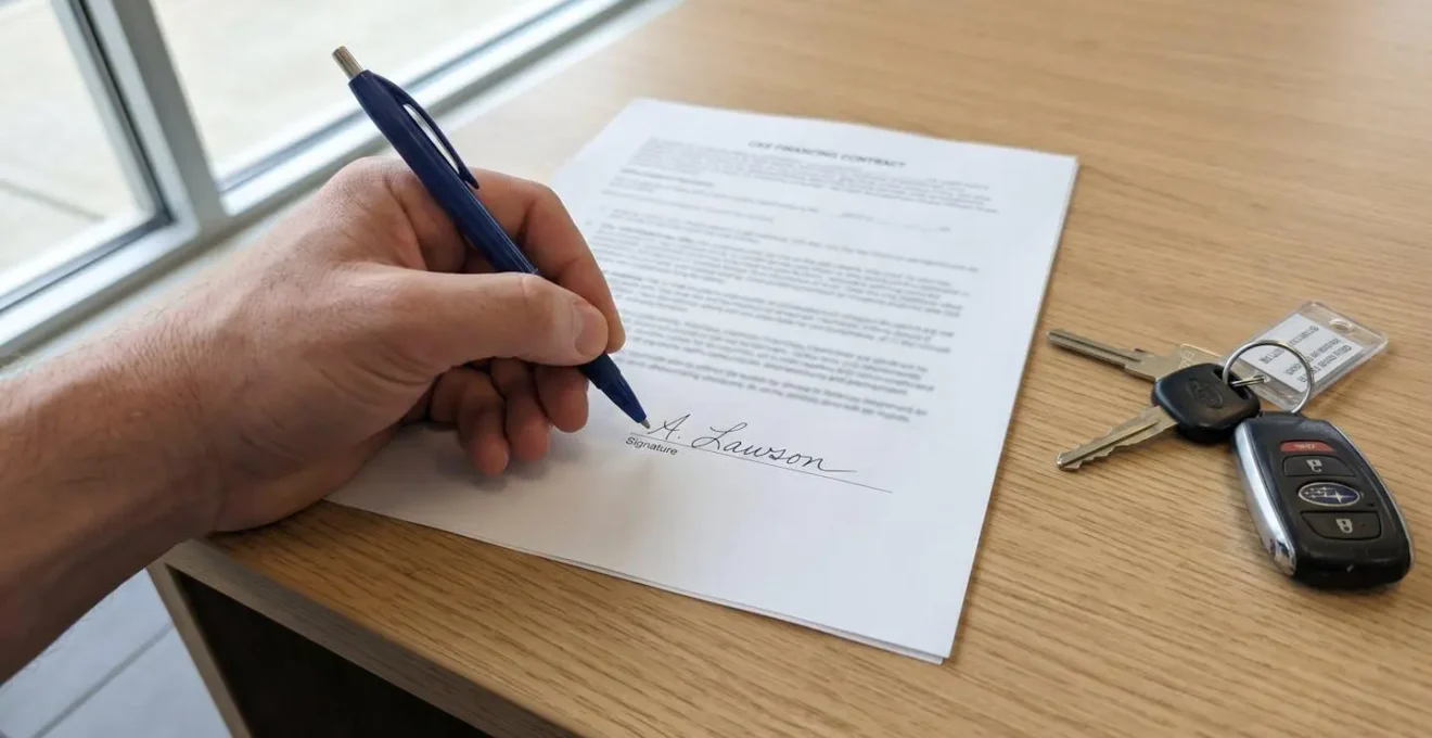 Gros plan sur une main signant un contrat de crédit automobile avec des clés de voiture floues en arrière-plan