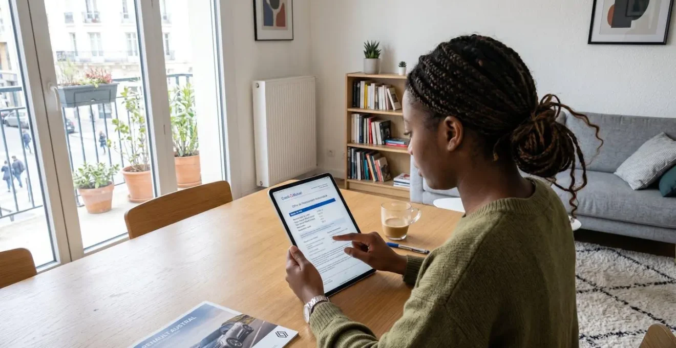 Une personne vue de dos consulte des documents de financement automobile sur une tablette dans un salon contemporain lumineux