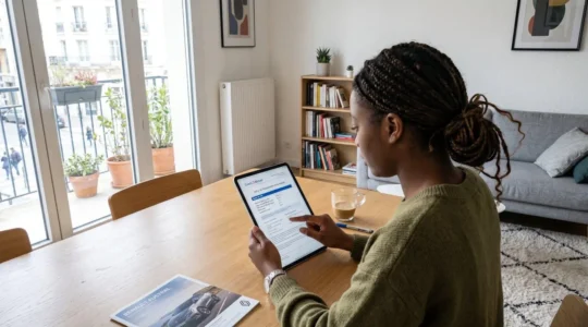 Une personne vue de dos consulte des documents de financement automobile sur une tablette dans un salon contemporain lumineux